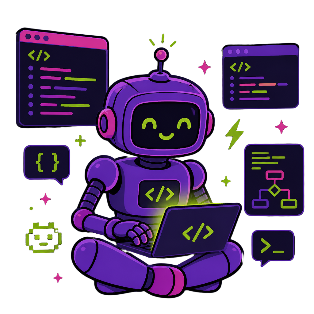 Ilustração de um robô desenvolvedor programando em um laptop